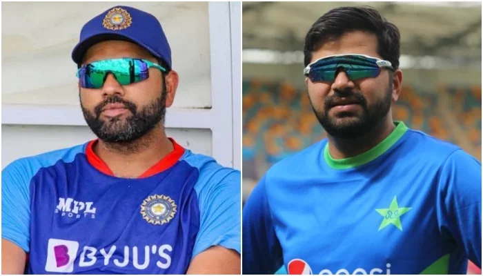 Ibraheem Badees, PCB's Manager for Media and Communications, with India captain Rohit Sharma (L). File: Twitter/@IbrahimBadees