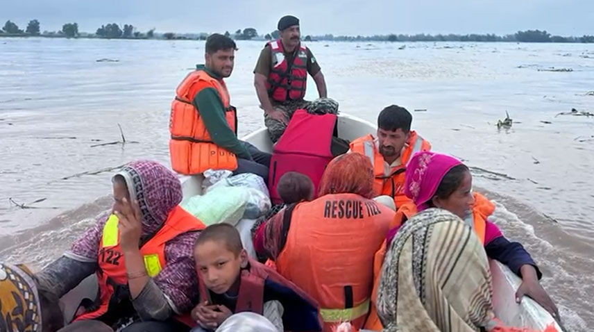 Punjab Rangers rescuing flood-affected families by boat in Kasur after Sutlej River overflow
