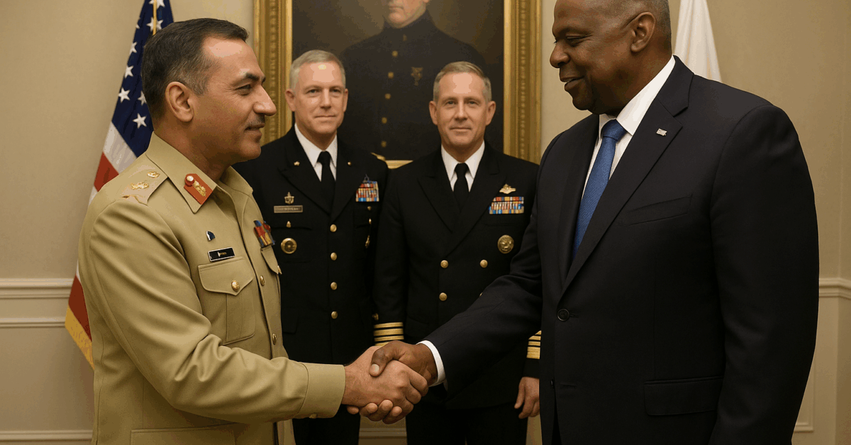 General Asim Munir, wearing a Pakistan Army uniform, shakes hands with US Secretary of Defense Lloyd Austin, dressed in a dark suit and blue tie. Two US military officers stand in the background with American flags behind them, creating a formal diplomatic setting.