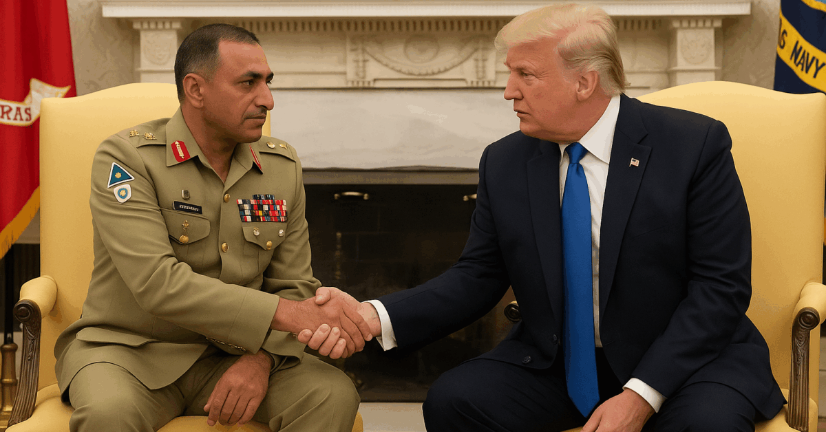 Former US President Donald Trump shakes hands with Pakistan’s Army Chief General Asim Munir in the Oval Office, both seated and engaged in a formal meeting surrounded by American flags and official décor.