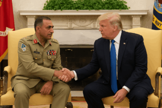 Former US President Donald Trump shakes hands with Pakistan’s Army Chief General Asim Munir in the Oval Office, both seated and engaged in a formal meeting surrounded by American flags and official décor.