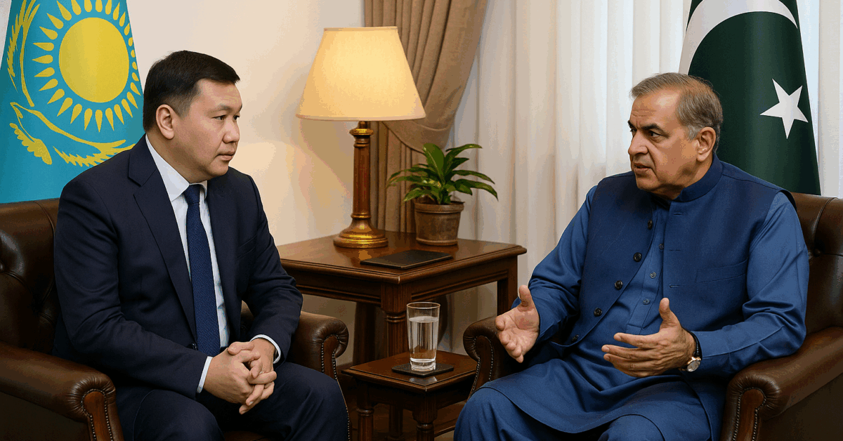 Two diplomats sit across from each other in a formal meeting room. The Kazakh representative, wearing a dark suit and tie, faces the Pakistani official, dressed in a blue traditional shalwar kameez with a waistcoat. The flags of Kazakhstan and Pakistan stand behind them, and a small table with a lamp, a plant, and a glass of water is placed between them, creating a professional and diplomatic setting.