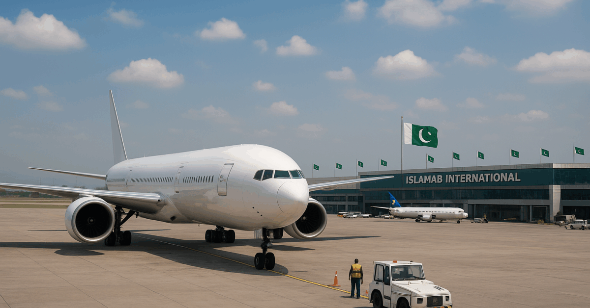 A large white commercial airplane parked on the runway at Islamabad International Airport, with Pakistani flags flying atop the terminal building under a partly cloudy blue sky, and ground staff and vehicles visible in the foreground.