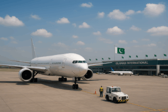 A large white commercial airplane parked on the runway at Islamabad International Airport, with Pakistani flags flying atop the terminal building under a partly cloudy blue sky, and ground staff and vehicles visible in the foreground.