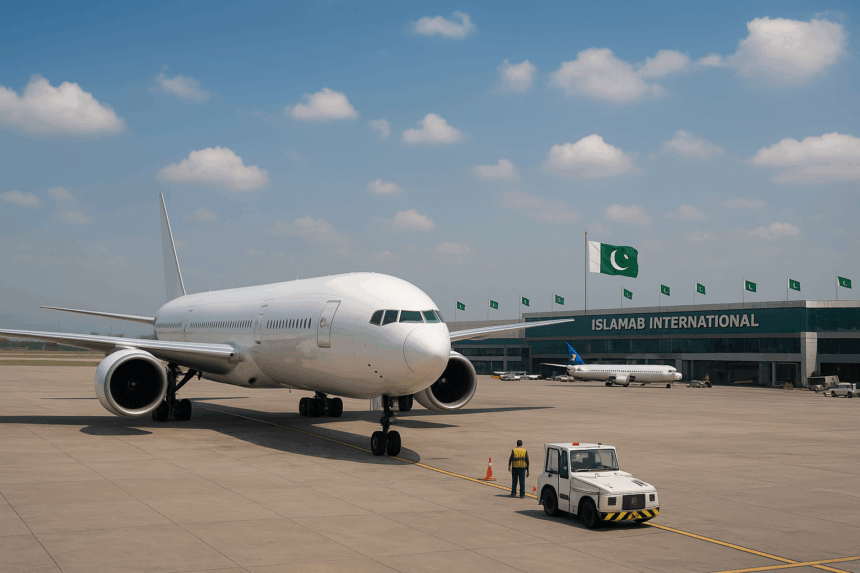 A large white commercial airplane parked on the runway at Islamabad International Airport, with Pakistani flags flying atop the terminal building under a partly cloudy blue sky, and ground staff and vehicles visible in the foreground.