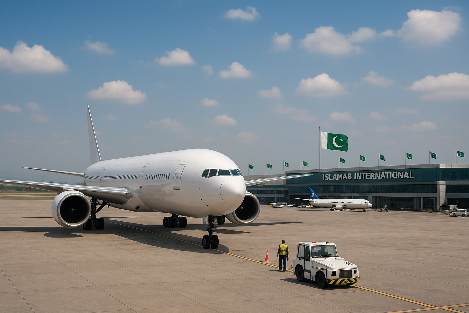 A large white commercial airplane parked on the runway at Islamabad International Airport, with Pakistani flags flying atop the terminal building under a partly cloudy blue sky, and ground staff and vehicles visible in the foreground.