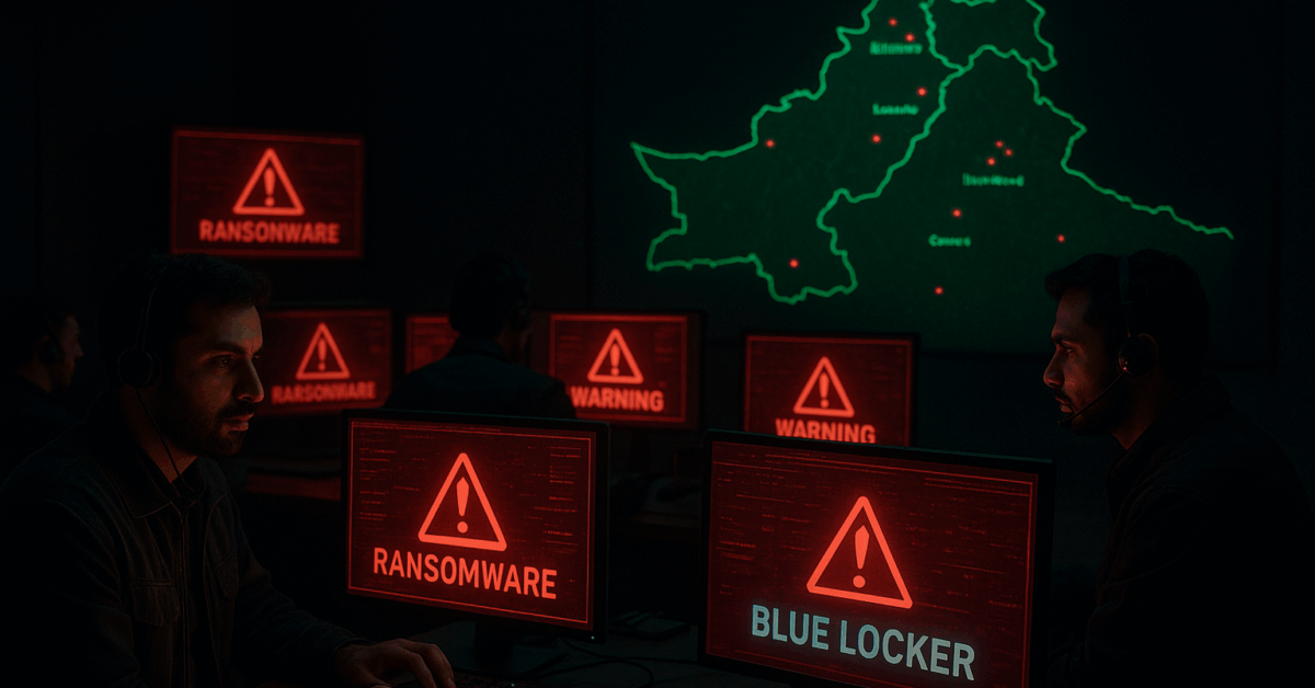 A dimly lit cybersecurity control room in Pakistan, where multiple officers wearing headsets monitor computer screens glowing with red ransomware warning alerts. One screen displays the code name “Blue Locker.” In the background, a large green-outlined map of Pakistan shows major cities marked in red, indicating areas under cyber threat.