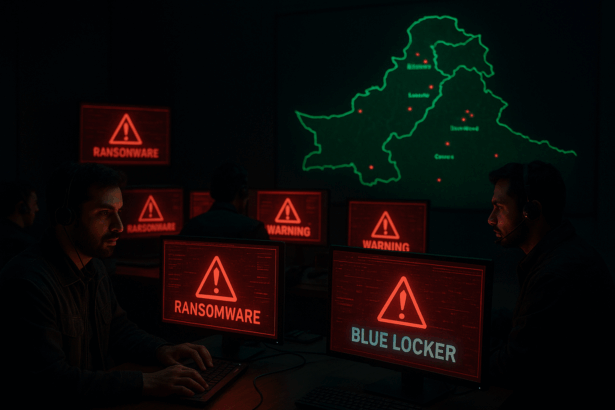 A dimly lit cybersecurity control room in Pakistan, where multiple officers wearing headsets monitor computer screens glowing with red ransomware warning alerts. One screen displays the code name “Blue Locker.” In the background, a large green-outlined map of Pakistan shows major cities marked in red, indicating areas under cyber threat.