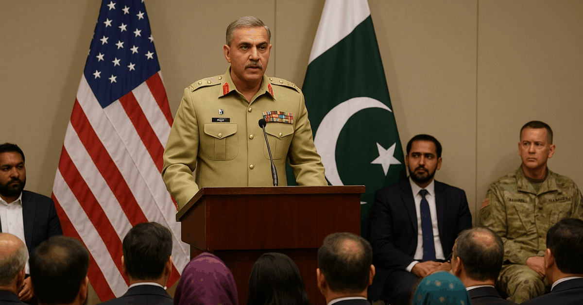 A Pakistani military officer in a decorated khaki uniform speaks at a podium during an official event, flanked by the flags of Pakistan and the United States, with an audience seated in front and officials, including a US military officer, seated behind him.