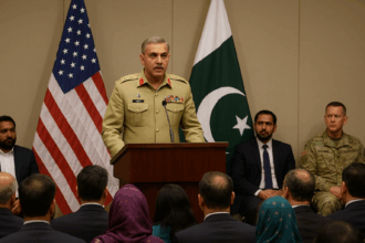 A Pakistani military officer in a decorated khaki uniform speaks at a podium during an official event, flanked by the flags of Pakistan and the United States, with an audience seated in front and officials, including a US military officer, seated behind him.