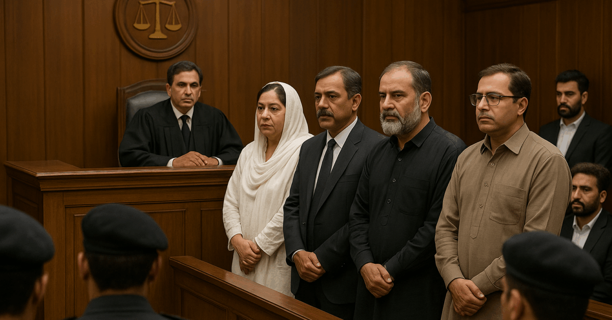 A South Asian courtroom scene showing a judge in a black robe seated behind a wooden bench, with four defendants — including one woman in a white headscarf and three men in formal attire — standing solemnly before him, while uniformed police officers and other onlookers are present in the background.