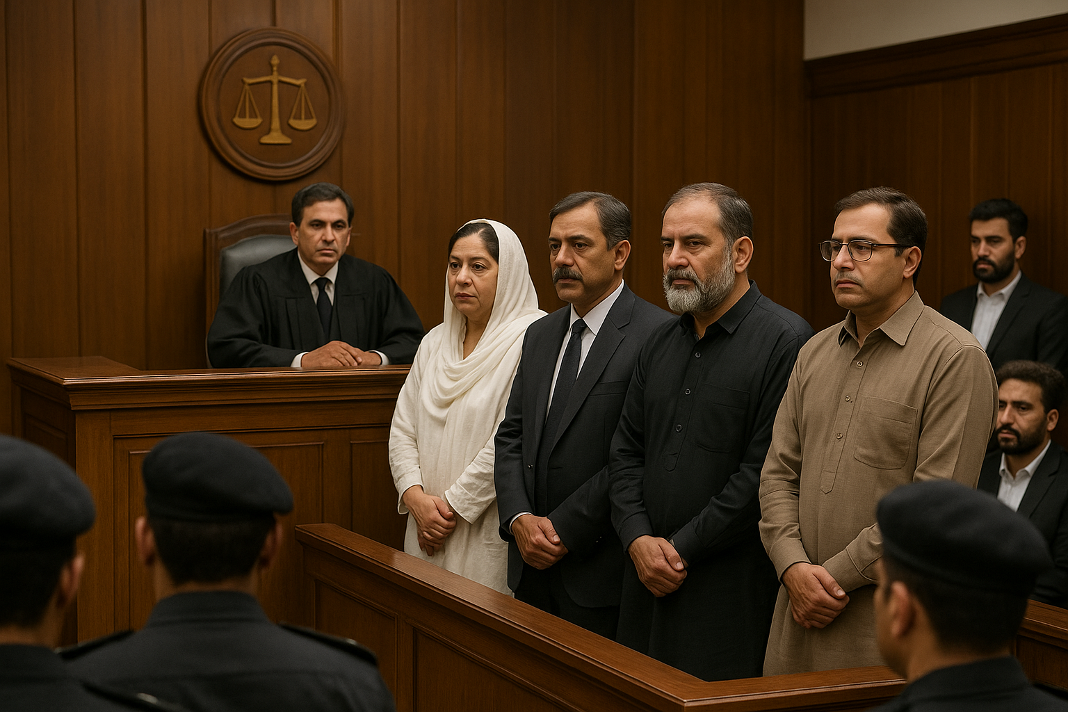 A South Asian courtroom scene showing a judge in a black robe seated behind a wooden bench, with four defendants — including one woman in a white headscarf and three men in formal attire — standing solemnly before him, while uniformed police officers and other onlookers are present in the background.