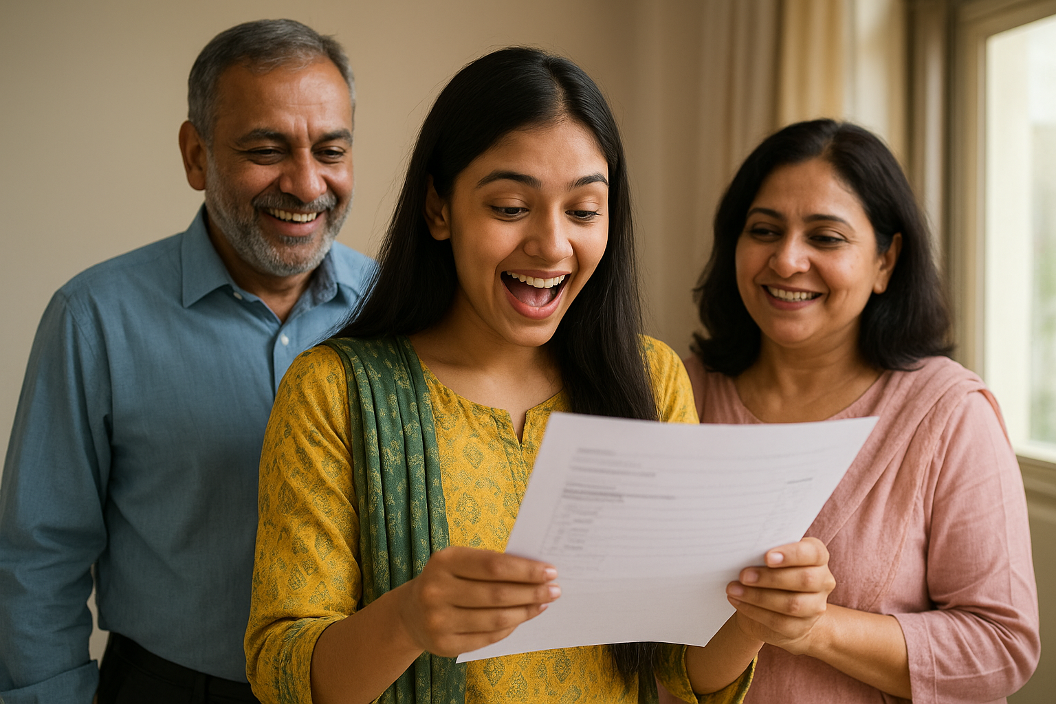 A young South Asian woman in a yellow shalwar kameez with a green dupatta smiles widely while holding a printed results sheet, standing between two proud parents, a man in a blue shirt and a woman in a pink shalwar kameez, inside a brightly lit room.