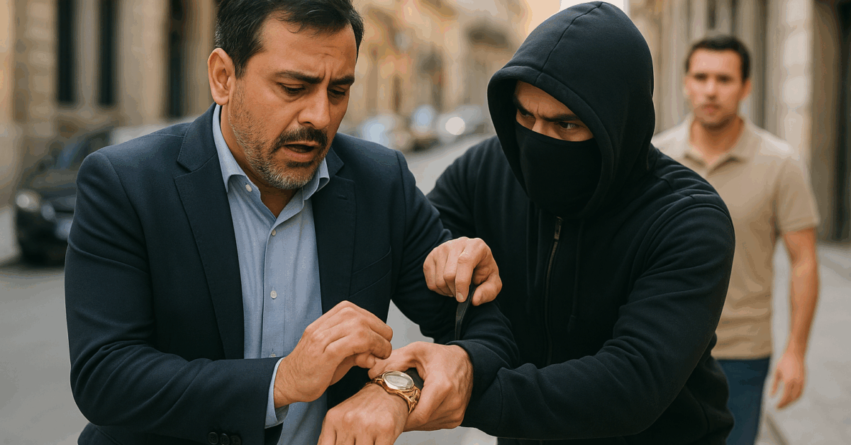 Pakistani politician Abdul Qadir Gilani robbed of luxury gold-plated watch in Barcelona street scene.
