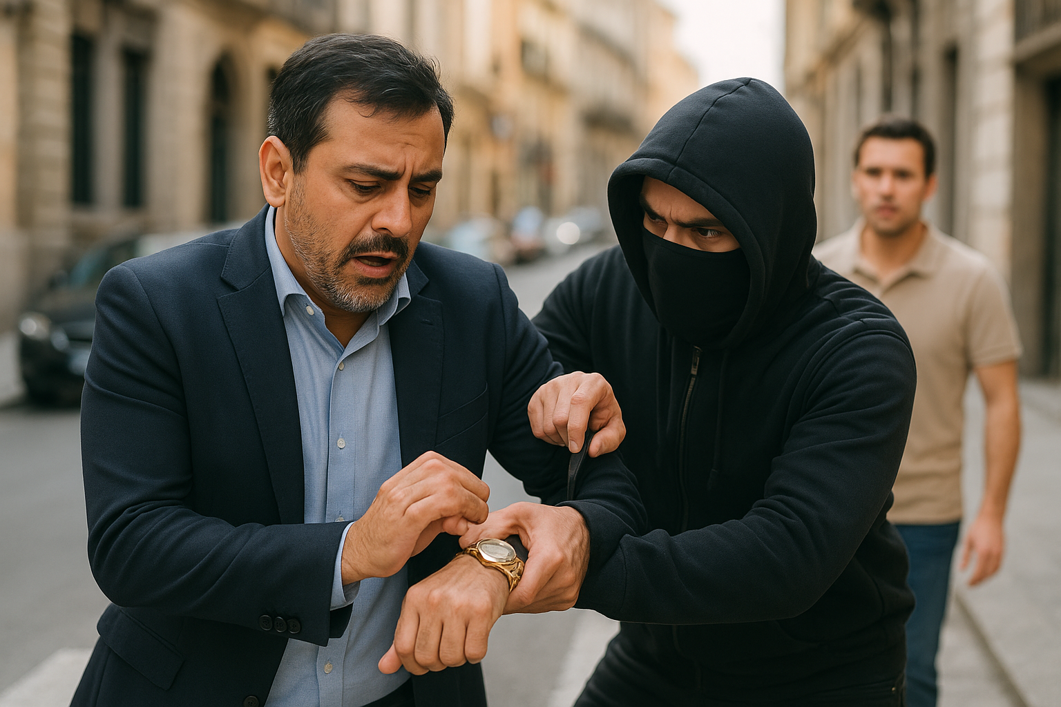 Pakistani politician Abdul Qadir Gilani robbed of luxury gold-plated watch in Barcelona street scene.