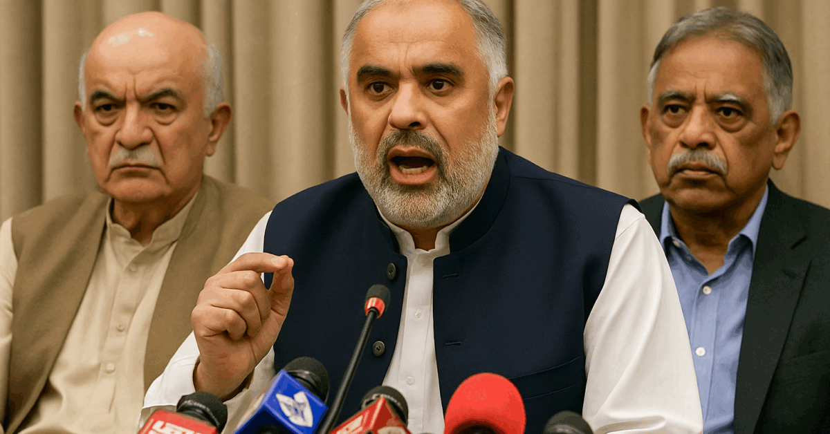 Three Pakistani political leaders sit at a press conference, with Asad Qaiser speaking into multiple microphones at the center, flanked by Mahmood Khan Achakzai on the left and Muhammad Zubair Umar on the right, all wearing serious expressions against a beige curtain backdrop.