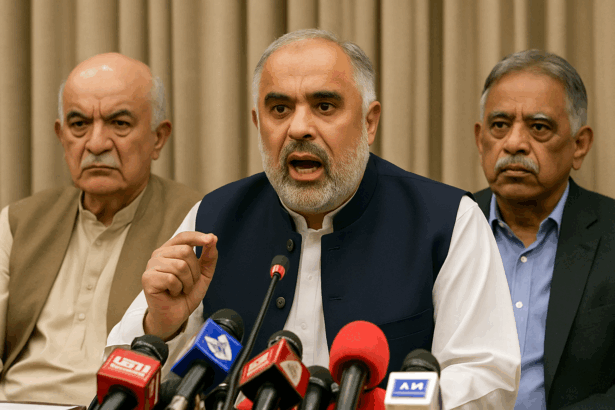 Three Pakistani political leaders sit at a press conference, with Asad Qaiser speaking into multiple microphones at the center, flanked by Mahmood Khan Achakzai on the left and Muhammad Zubair Umar on the right, all wearing serious expressions against a beige curtain backdrop.