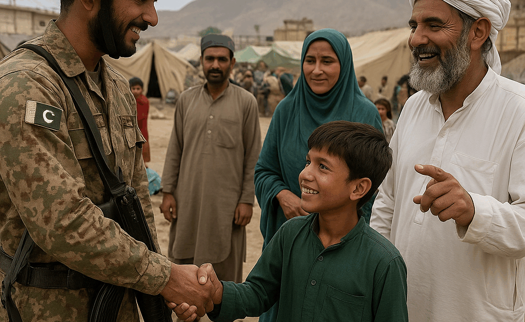 A Pakistani soldier in camouflage uniform and helmet shakes hands with a smiling young boy in a green shalwar kameez, while an older man in a white turban and a woman in a teal headscarf stand nearby. Behind them are other civilians, tents, and a mountainous backdrop under a cloudy sky, depicting a displacement camp in a conflict zone.