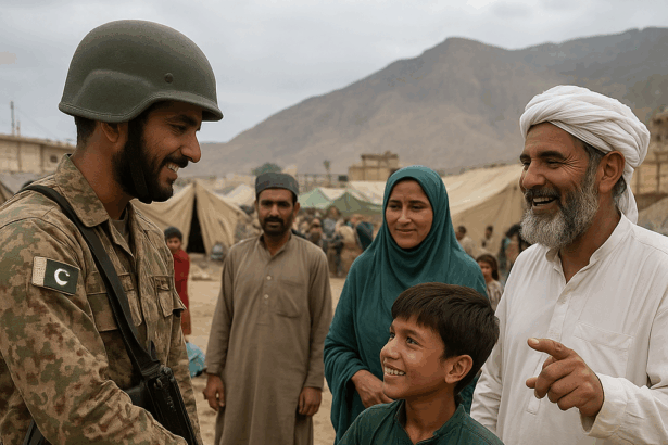 A Pakistani soldier in camouflage uniform and helmet shakes hands with a smiling young boy in a green shalwar kameez, while an older man in a white turban and a woman in a teal headscarf stand nearby. Behind them are other civilians, tents, and a mountainous backdrop under a cloudy sky, depicting a displacement camp in a conflict zone.