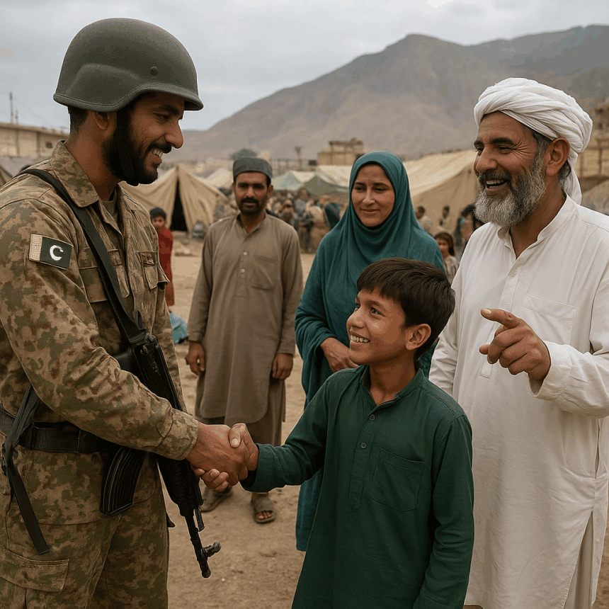 A Pakistani soldier in camouflage uniform and helmet shakes hands with a smiling young boy in a green shalwar kameez, while an older man in a white turban and a woman in a teal headscarf stand nearby. Behind them are other civilians, tents, and a mountainous backdrop under a cloudy sky, depicting a displacement camp in a conflict zone.