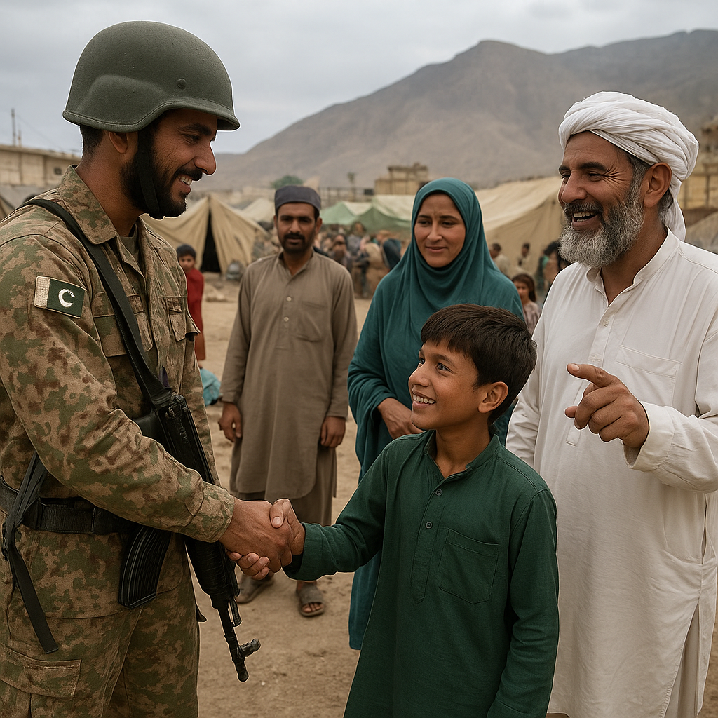 A Pakistani soldier in camouflage uniform and helmet shakes hands with a smiling young boy in a green shalwar kameez, while an older man in a white turban and a woman in a teal headscarf stand nearby. Behind them are other civilians, tents, and a mountainous backdrop under a cloudy sky, depicting a displacement camp in a conflict zone.