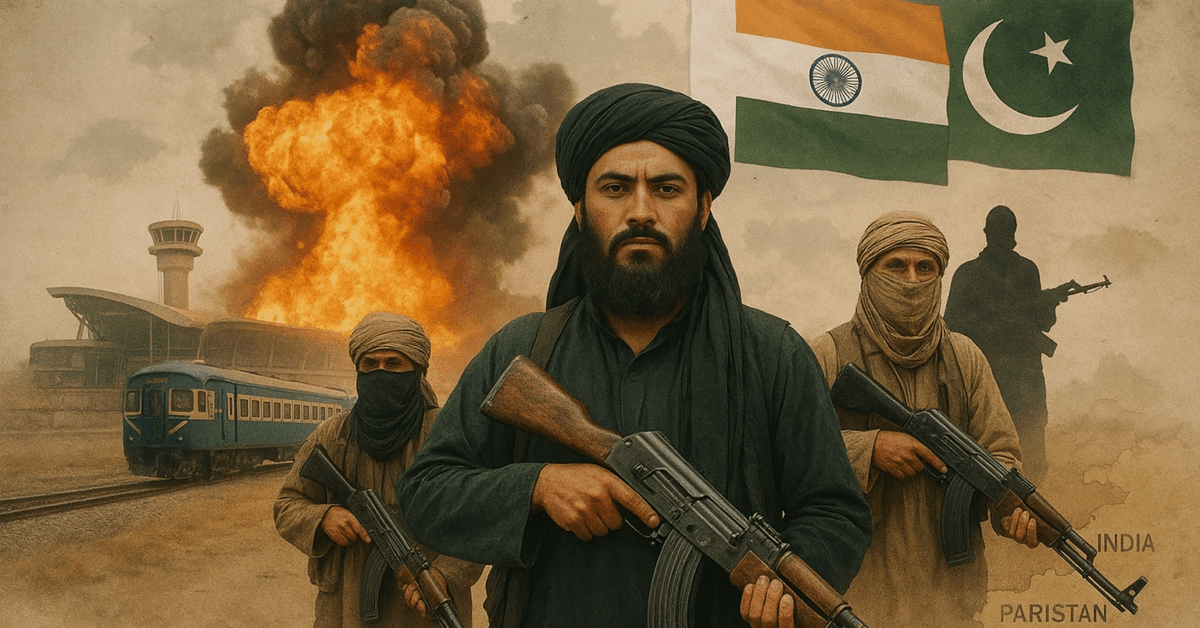 Armed militants stand in the foreground with rifles, wearing traditional clothing and head coverings, as an explosion erupts near a train station in the background. Behind them, the flags of India and Pakistan are displayed, with a map outline faintly visible, symbolizing regional conflict and terrorism.