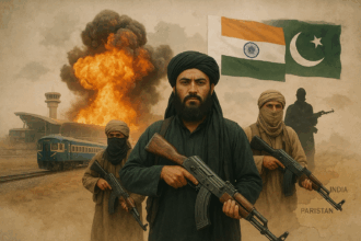 Armed militants stand in the foreground with rifles, wearing traditional clothing and head coverings, as an explosion erupts near a train station in the background. Behind them, the flags of India and Pakistan are displayed, with a map outline faintly visible, symbolizing regional conflict and terrorism.