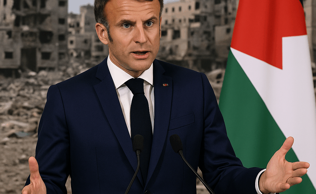 French President Emmanuel Macron speaks at a podium with microphones, wearing a navy blue suit and black tie, gesturing with both hands, against a backdrop of war-damaged buildings and a Palestinian flag.