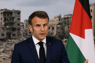 French President Emmanuel Macron speaks at a podium with microphones, wearing a navy blue suit and black tie, gesturing with both hands, against a backdrop of war-damaged buildings and a Palestinian flag.