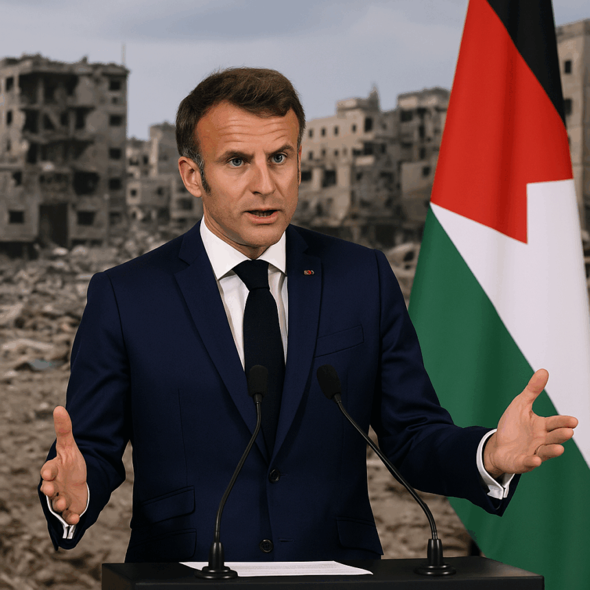 French President Emmanuel Macron speaks at a podium with microphones, wearing a navy blue suit and black tie, gesturing with both hands, against a backdrop of war-damaged buildings and a Palestinian flag.