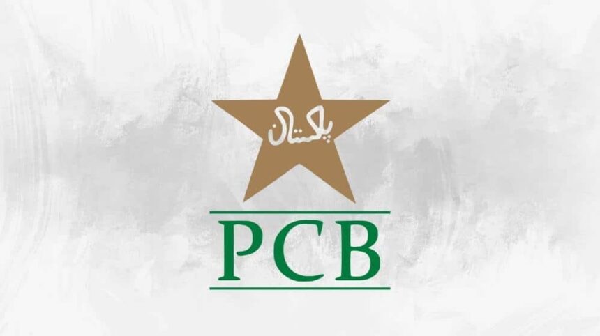 Pakistan Cricket Board (PCB) official logo featuring a golden star with the word "Pakistan" in Urdu inside it, and the letters PCB in green beneath the star.
