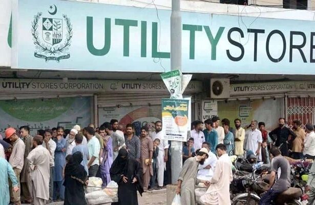 “Closure of Utility Stores Corporation in Pakistan after ECC approval, showing shuttered outlets, employees collecting belongings, and trucks loading flour, sugar, and cooking oil as part of the government’s subsidy shift to BISP.”