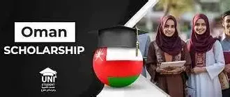 Banner promoting Oman Scholarship for students, featuring Omani flag with graduation cap and three smiling students holding books.