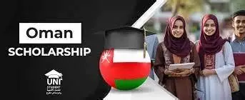 Banner promoting Oman Scholarship for students, featuring Omani flag with graduation cap and three smiling students holding books.