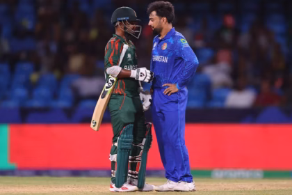 Bangladesh and Afghanistan cricket players standing together at the center of a stadium before their Asia Cup 2025 match.