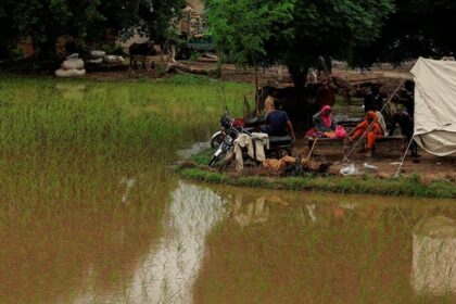 Residents sit outside a temporary tent next to flooded farmland in Patraki village, Chiniot district, Punjab, after monsoon rains caused the Chenab River to overflow, August 30, 2025.