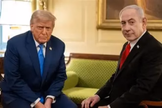“Donald Trump and Benjamin Netanyahu during a meeting amid rising Middle East tensions after Qatar bombing”
