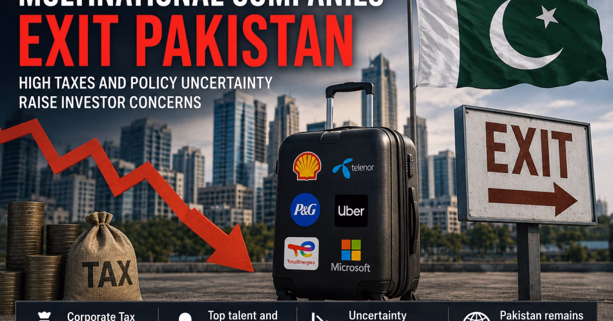 Modern office buildings representing multinational companies operating in Pakistan amid concerns over taxation and foreign investment.