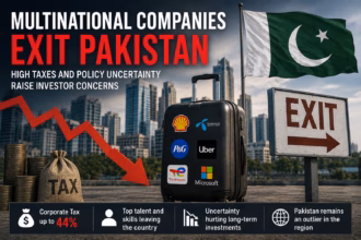Modern office buildings representing multinational companies operating in Pakistan amid concerns over taxation and foreign investment.