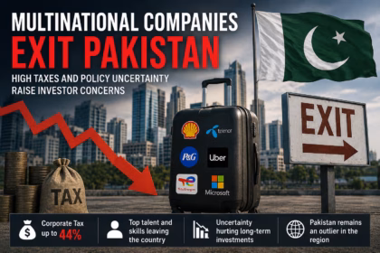 Modern office buildings representing multinational companies operating in Pakistan amid concerns over taxation and foreign investment.
